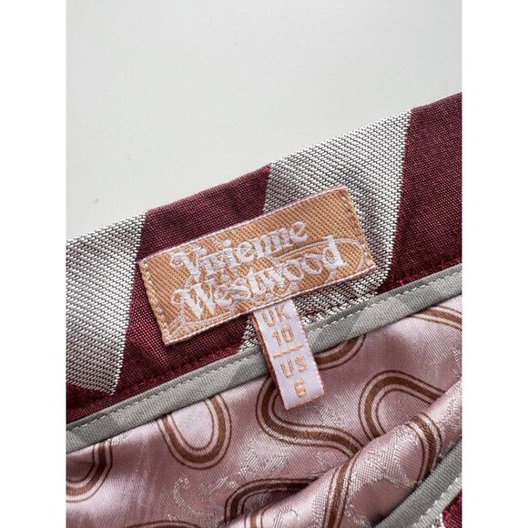 VIVIENNE WESTWOOD Maroon Silver Striped Jacquard Asymmetrical Mini Skirt, Size 6 - Picture 13 of 16